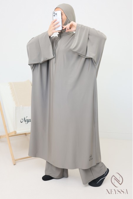 Taupe swimwear burkini, loose-fitting long tunic with zip