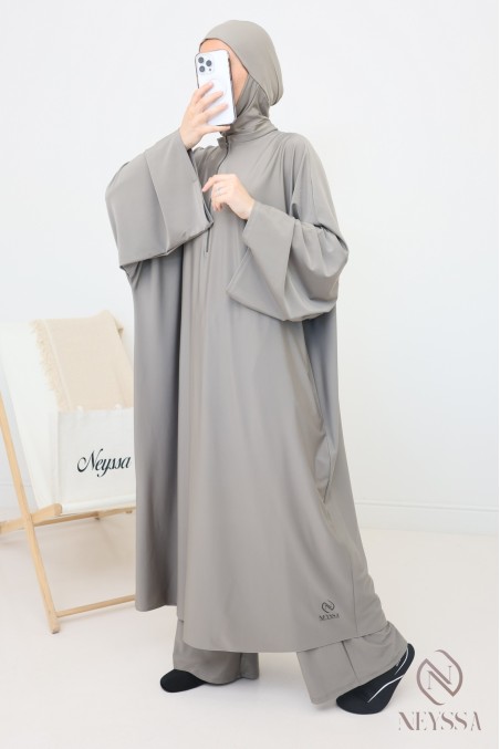 Burkini in Taupe, weite Tunika mit Reißverschluss