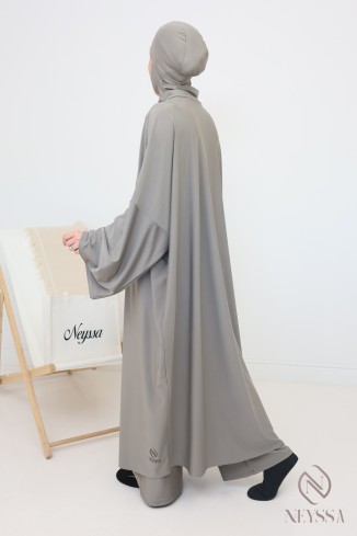Taupe swimwear burkini, loose-fitting long tunic with zip 2