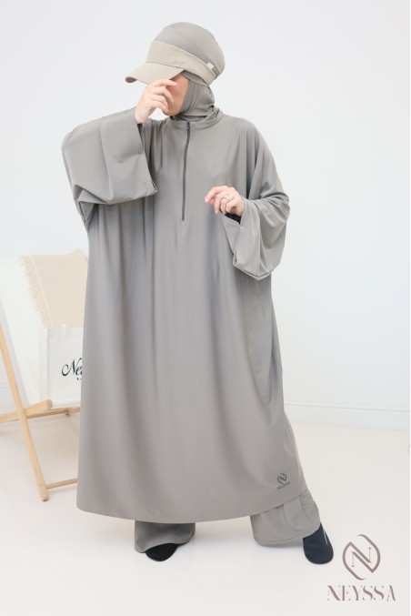Taupe swimwear burkini, loose-fitting long tunic with zip