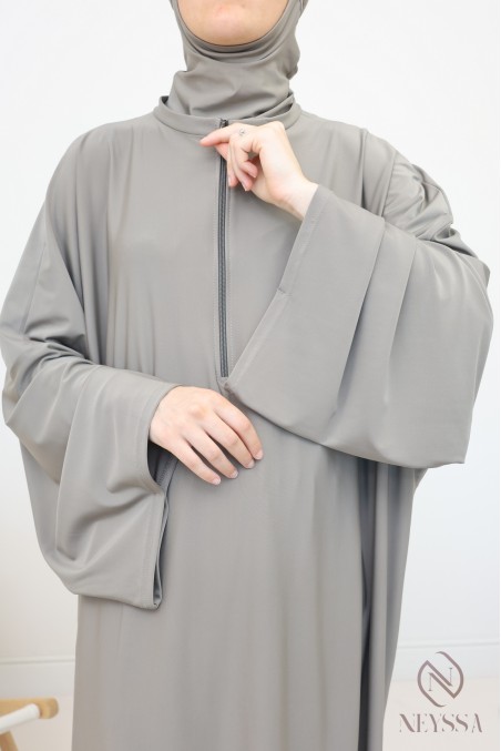 Taupe swimwear burkini, loose-fitting long tunic with zip