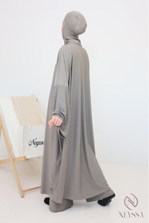 Burkini de bain taupe, tunique longue ample zippée, maillot couvrant