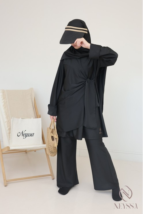 Tunic-style burkini with cuffed sleeves and tie-back hijab.