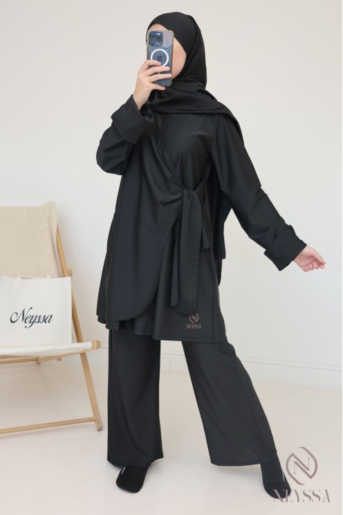 Tunic-style burkini with cuffed sleeves and tie-back hijab.