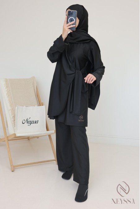 Burkini tunique à nouer avec manches à revers, avec hijab à nouer