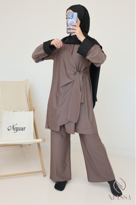 Long taupe burkini with tie-up tunic for modern hijabi women