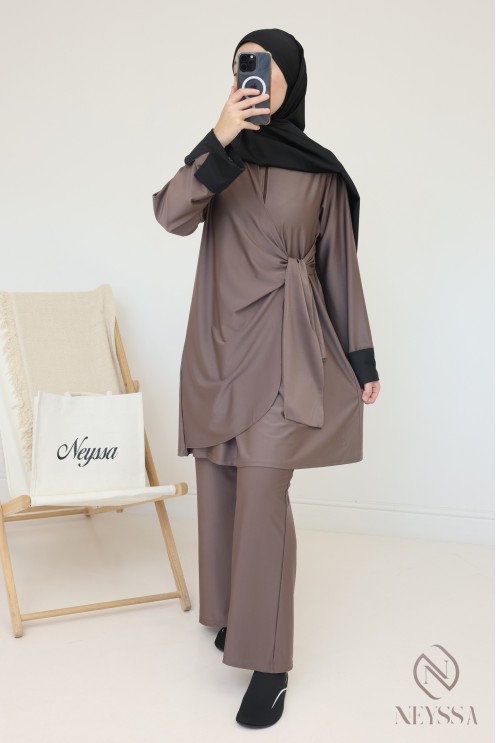 Long taupe burkini with tie-up tunic for modern hijabi women