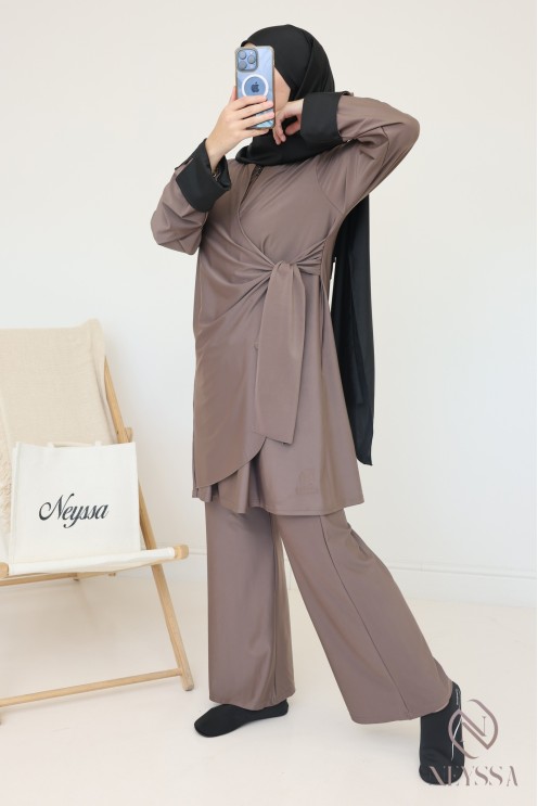 Long taupe burkini with tie-up tunic for modern hijabi women
