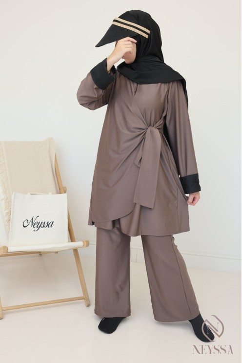Burkini long taupe avec tunique à nouer pour femme hijabi moderne