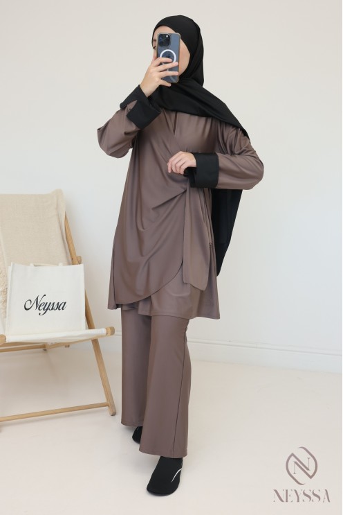 Long taupe burkini with tie-up tunic for modern hijabi women
