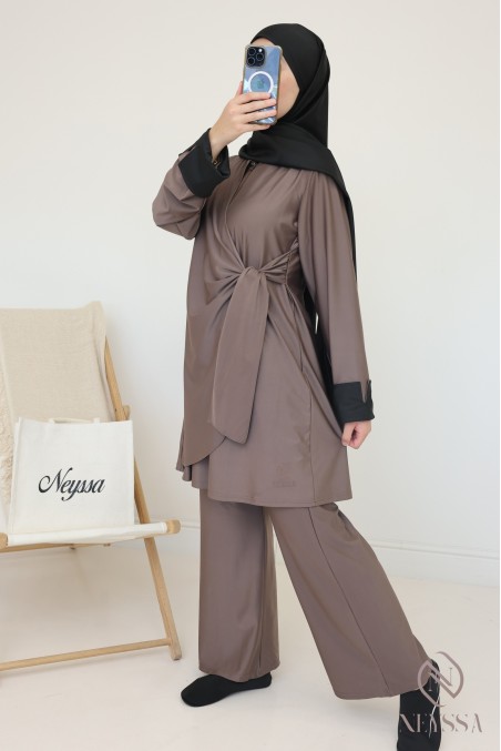 Burkini long taupe avec tunique à nouer pour femme hijabi moderne