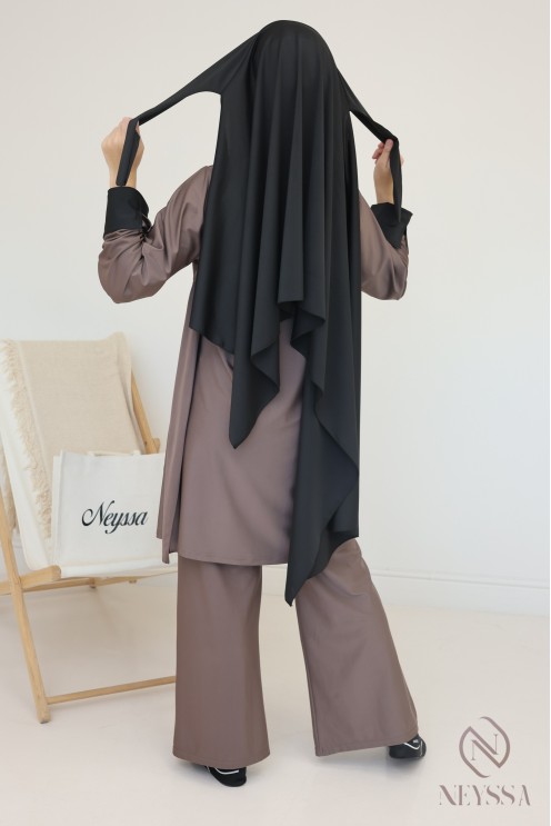 Burkini long taupe avec tunique à nouer pour femme hijabi moderne