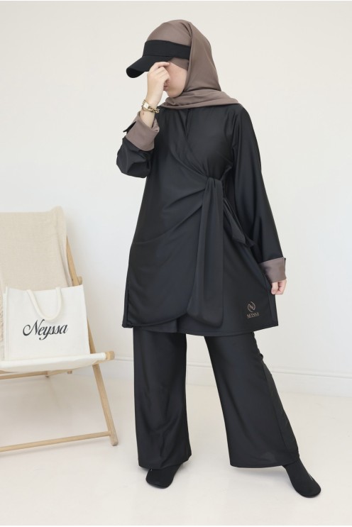 Long 3-piece burkini for hijabi women, trendy tie-front tunic
