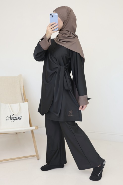 Long 3-piece burkini for hijabi women, trendy tie-front tunic