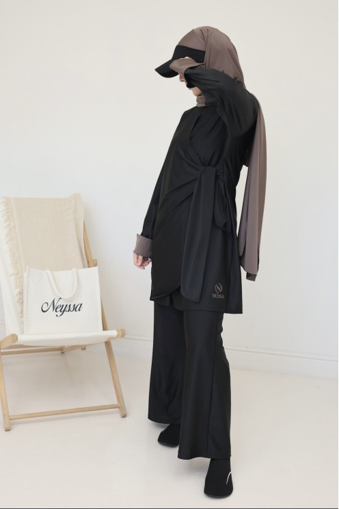 Long 3-piece burkini for hijabi women, trendy tie-front tunic