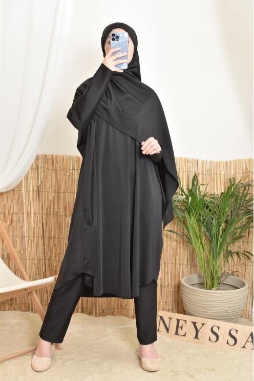 Long, wide, butterfly-cut women's swim burkini in black