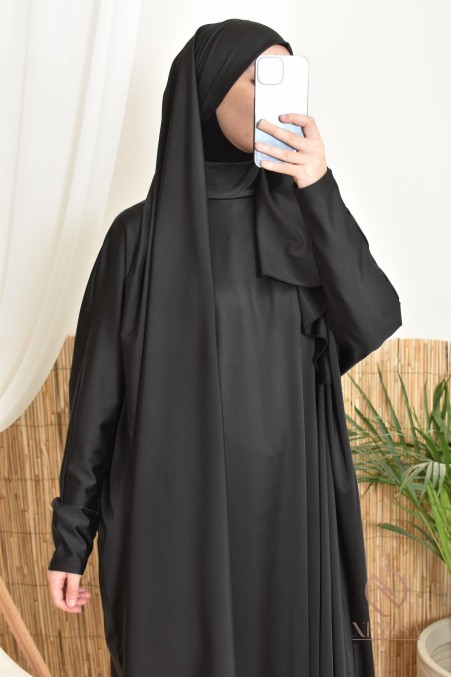 Long, wide, butterfly-cut women's swim burkini in black