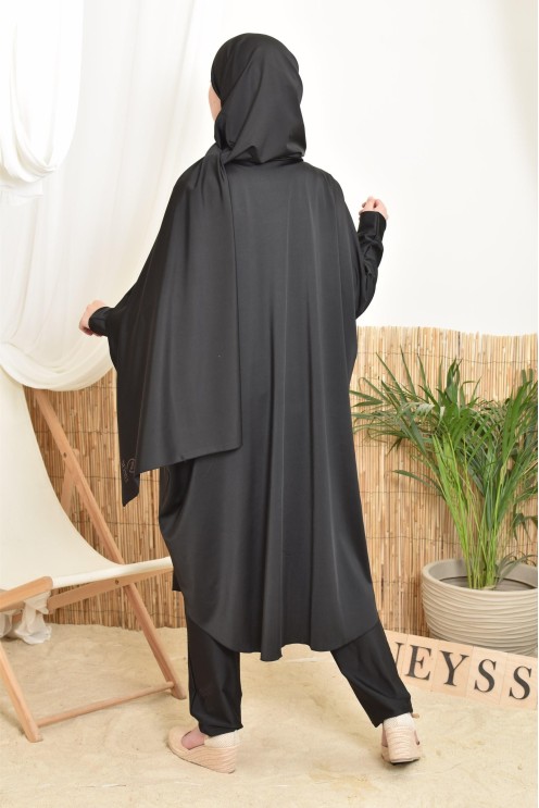 Long, wide, butterfly-cut women's swim burkini in black