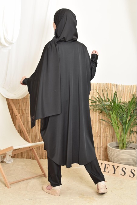 Long, wide, butterfly-cut women's swim burkini in black