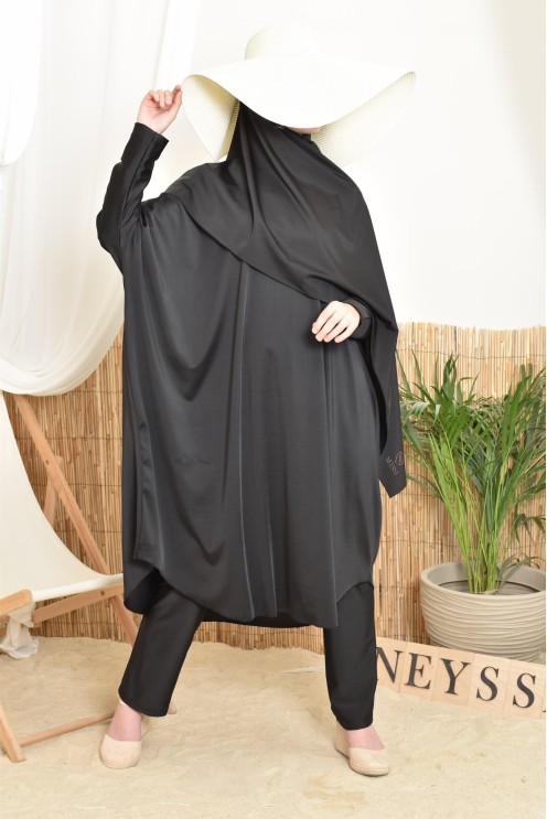 Long, wide, butterfly-cut women's swim burkini in black