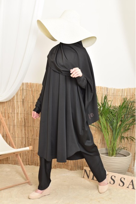 Long, wide, butterfly-cut women's swim burkini in black