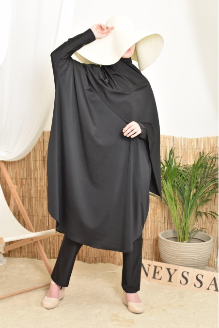 Long, wide, butterfly-cut women's swim burkini in black