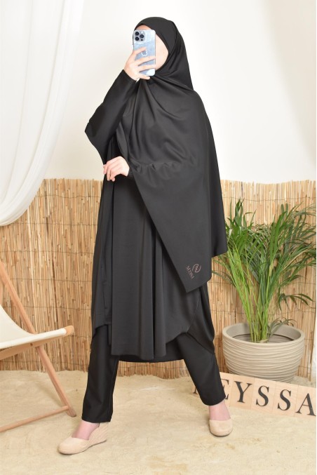 Long, wide, butterfly-cut women's swim burkini in black
