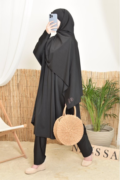 Long, wide, butterfly-cut women's swim burkini in black