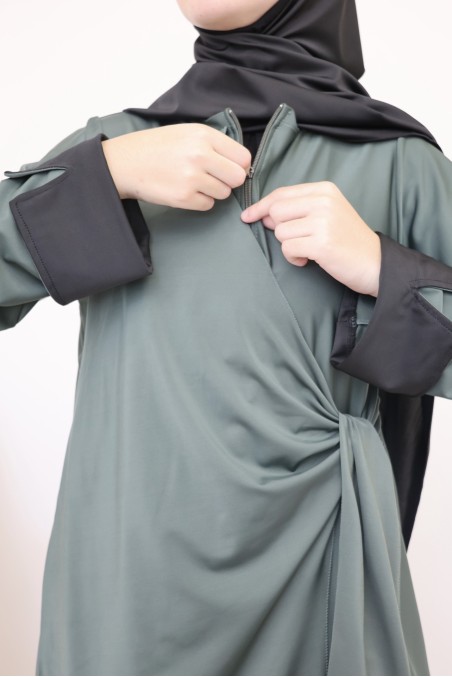 Modern khaki burkini for women with trendy tie-front panel and palazzo