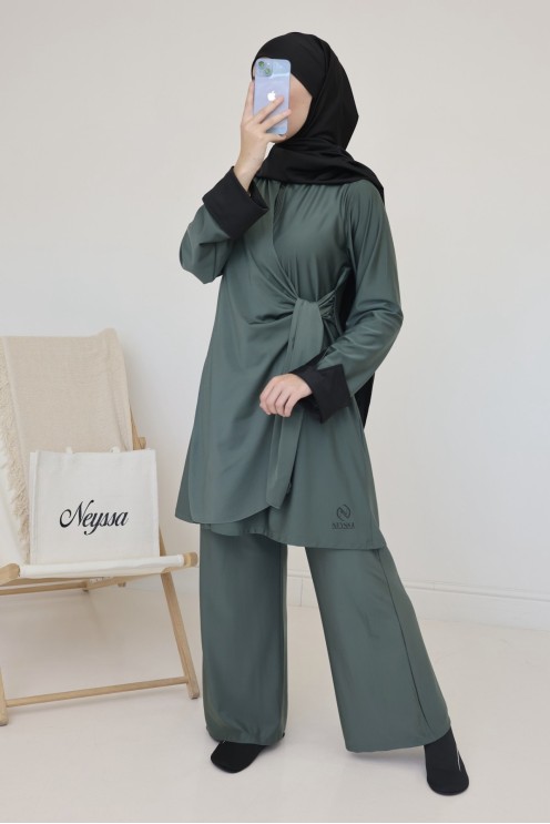 Burkini kaki femme moderne avec pan à nouer tendance avec palazzo