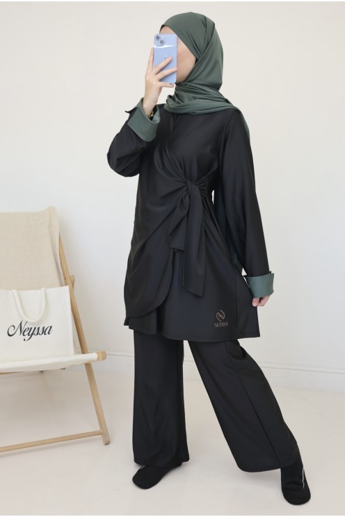 Trendy black burkini, tie-front tunic and cuffed sleeves