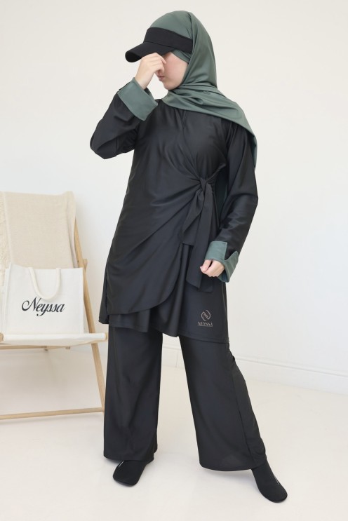Trendiger schwarzer Burkini, Tunika zum Binden und Ärmel mit Umschlag
