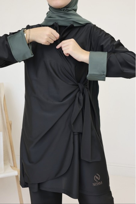 Burkini noir tendance, tunique à nouer et manches revers
