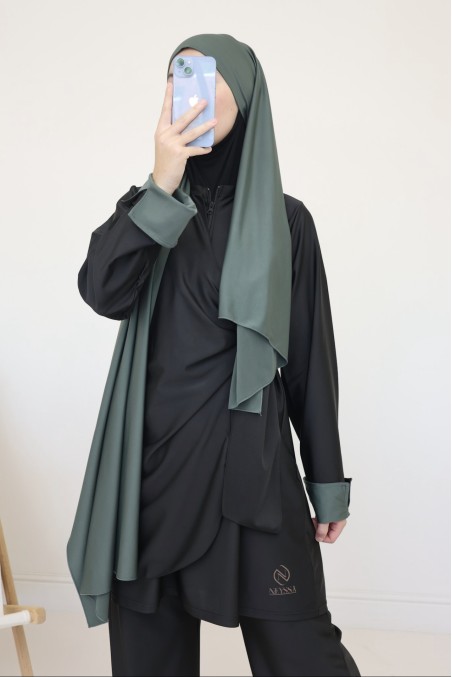 Trendiger schwarzer Burkini, Tunika zum Binden und Ärmel mit Umschlag