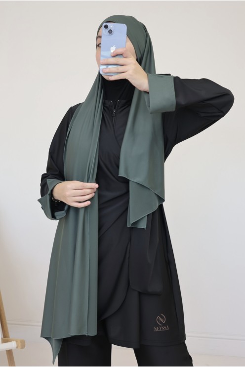 Trendiger schwarzer Burkini, Tunika zum Binden und Ärmel mit Umschlag