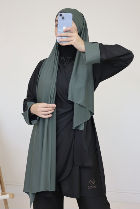 Trendiger schwarzer Burkini, Tunika zum Binden und Ärmel mit Umschlag