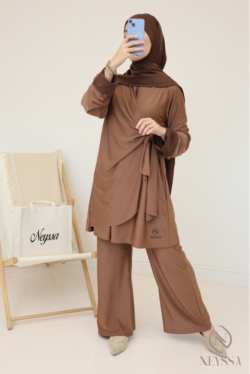 Burkini für Damen in Noisette, trendige lange Tunika zum Binden