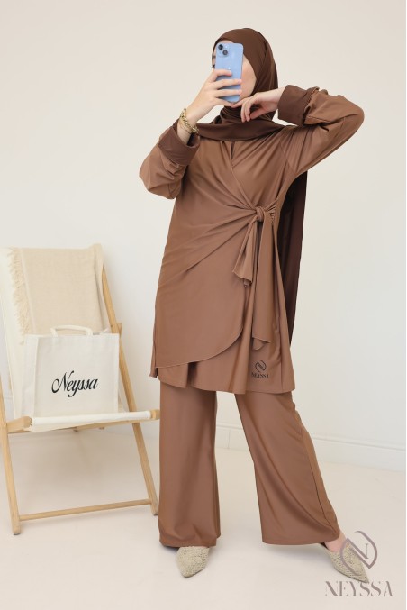 Women's hazelnut burkini, trendy long tie-up tunic
