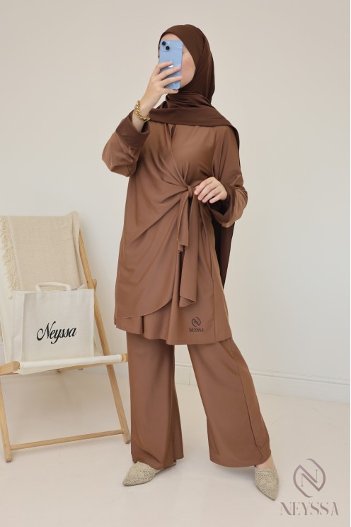 Women's hazelnut burkini, trendy long tie-up tunic