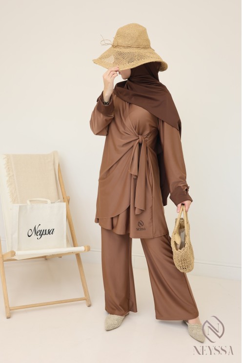 Burkini femme noisette, tunique longue à nouer tendance