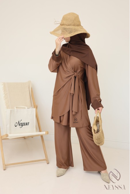 Burkini femme noisette, tunique longue à nouer tendance