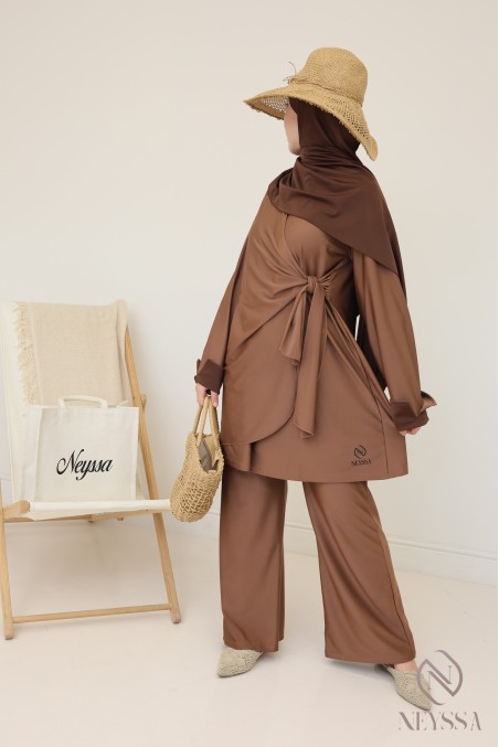 Burkini femme noisette, tunique longue à nouer tendance