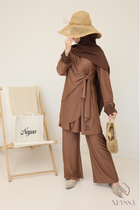 Burkini für Damen in Noisette, trendige lange Tunika zum Binden