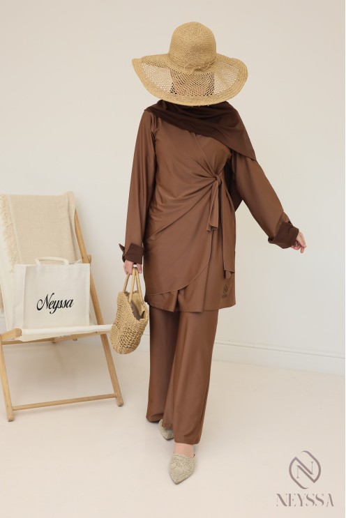 Women's hazelnut burkini, trendy long tie-up tunic