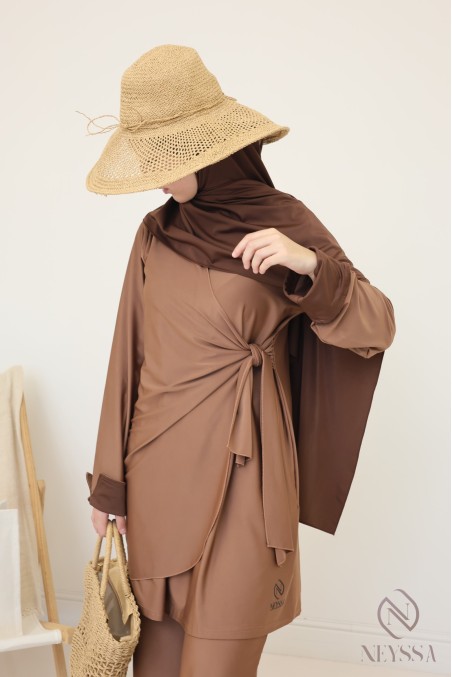 Burkini für Damen in Noisette, trendige lange Tunika zum Binden