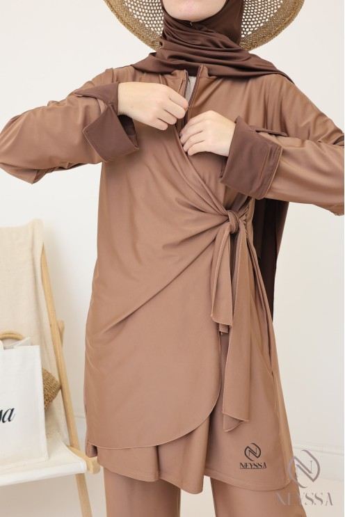 Burkini femme noisette, tunique longue à nouer tendance