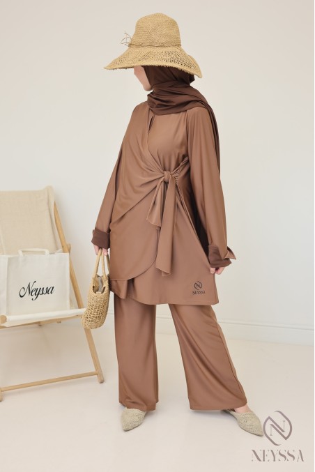 Women's hazelnut burkini, trendy long tie-up tunic