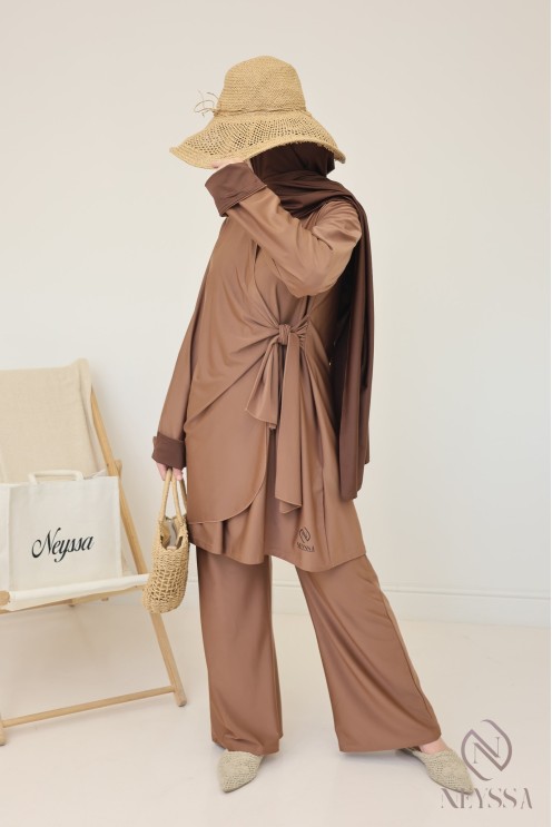 Women's hazelnut burkini, trendy long tie-up tunic