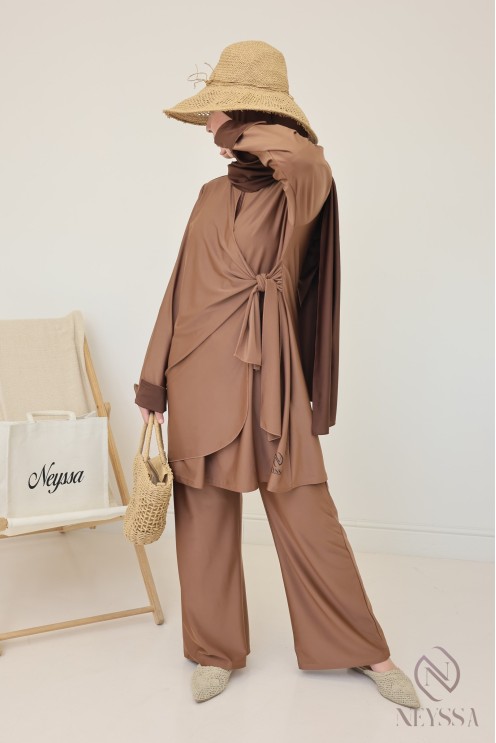 Women's hazelnut burkini, trendy long tie-up tunic