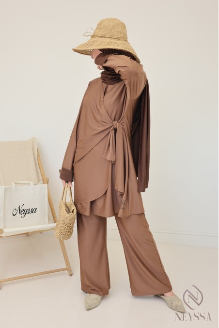Women's hazelnut burkini, trendy long tie-up tunic